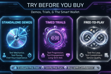 Infographic comparing standalone demos, timed trials, and free-to-play games with neon-style icons representing testing gameplay, progression, and commitment.