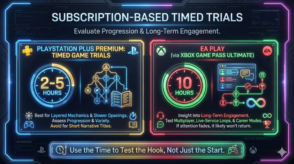 Infographic comparing PlayStation and Xbox subscription trials, showing trial length, best use cases, and tips for testing game engagement and progression.