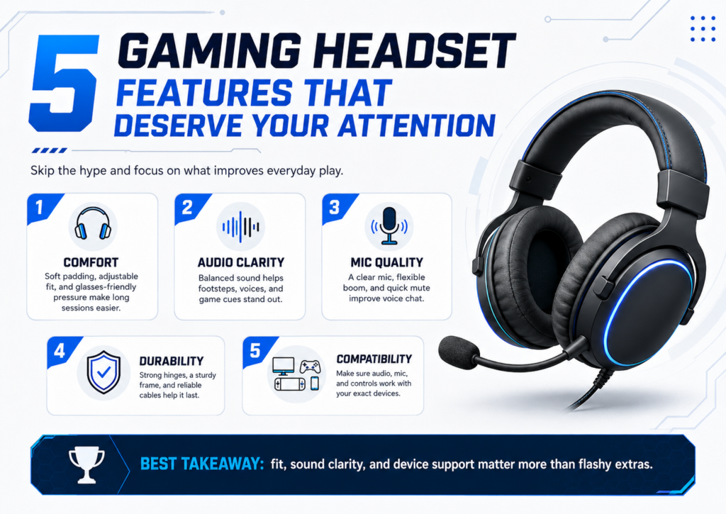 Infographic showing five important gaming headset features to consider before buying, including comfort, audio clarity, mic quality, durability, and compatibility.