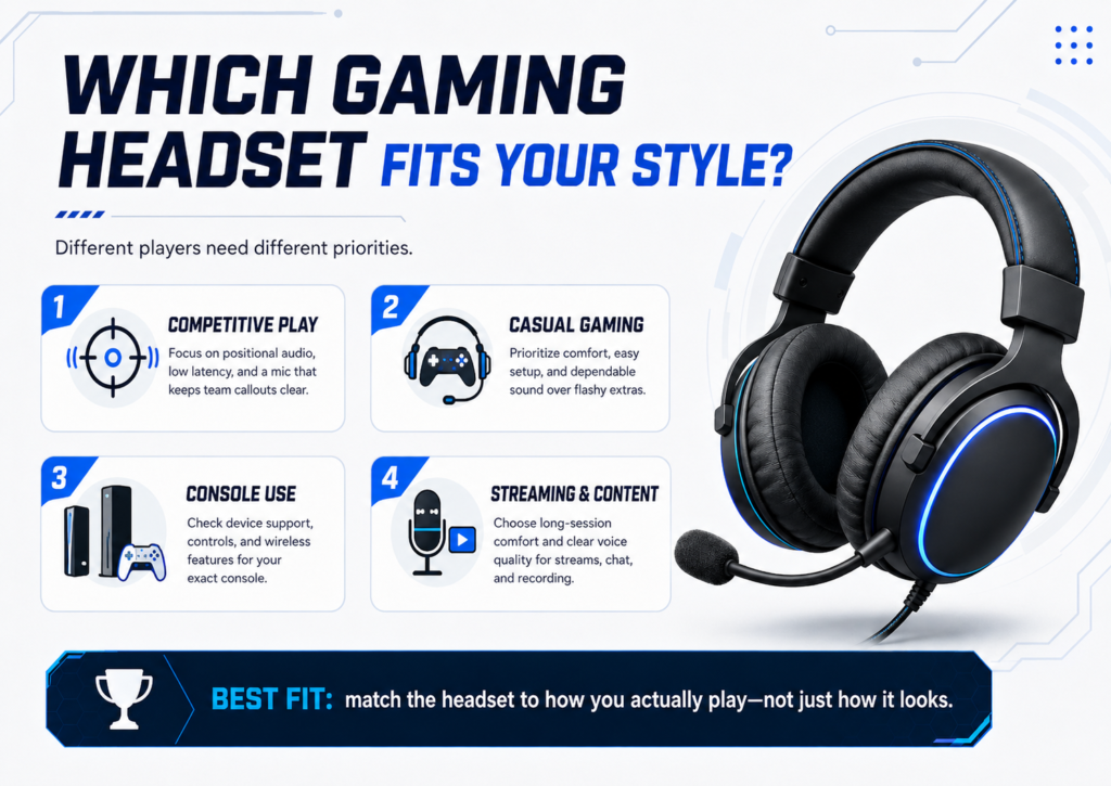 Infographic showing how to choose a gaming headset based on play style, with sections for competitive players, casual gamers, console users, and streamers.