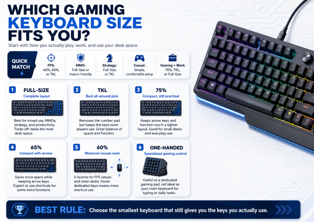 Infographic showing different gaming keyboard sizes, including full-size, TKL, 75%, 65%, 60%, and one-handed keyboards, with tips for choosing the best layout based on how you play and use your desk space.
