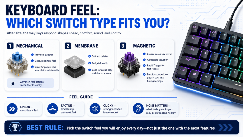 Infographic comparing gaming keyboard switch types, including mechanical, membrane, and magnetic switches, with a feel guide for linear, tactile, clicky, and noise considerations.