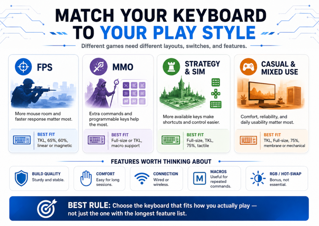 Infographic explaining how to choose a gaming keyboard based on play style, including FPS, MMO, strategy, simulation, and casual gaming, with layout and feature recommendations.