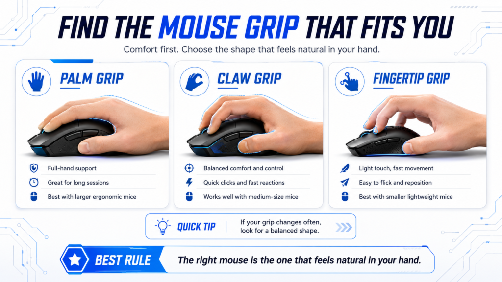 Infographic showing palm grip, claw grip, and fingertip grip styles for gaming mice, with tips on comfort, control, mouse size, and choosing the grip that feels natural in your hand.
