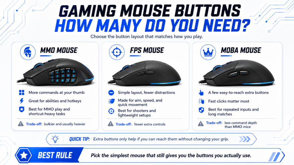 Infographic comparing gaming mouse button layouts for MMO, FPS, and MOBA games, with tips on extra buttons, simple layouts, trade-offs, and choosing the mouse controls you actually use.
