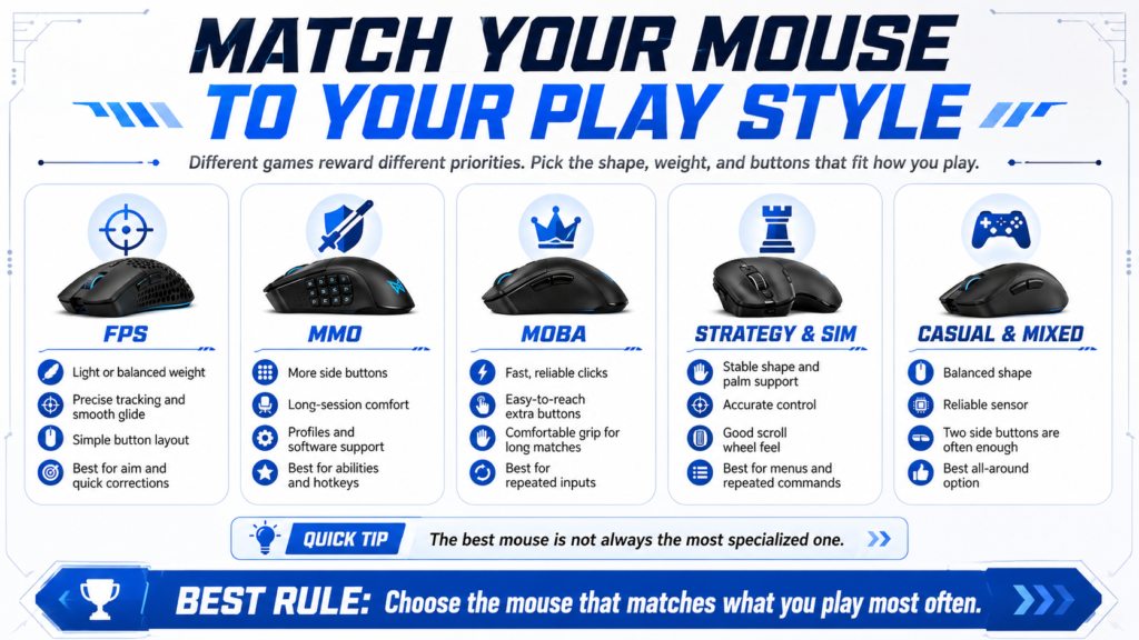 Infographic showing how to choose a gaming mouse by play style, including FPS, MMO, MOBA, strategy, simulation, and casual gaming, with tips on weight, buttons, grip, tracking, and comfort.