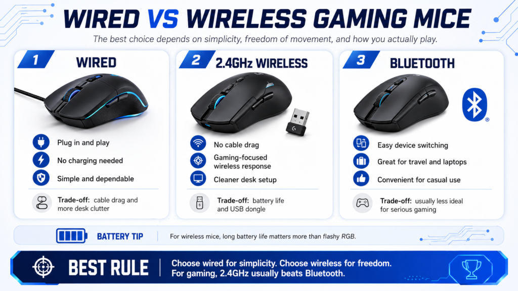 Infographic comparing wired, 2.4GHz wireless, and Bluetooth gaming mice, with tips on cable drag, battery life, device switching, and choosing the best connection type for gaming.
