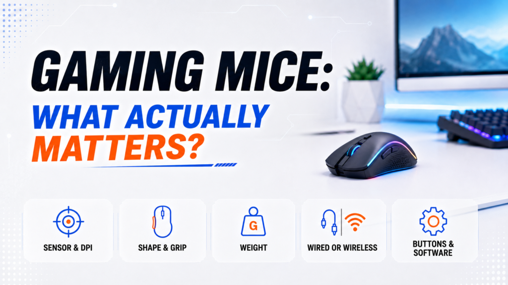 Gaming mouse image explaining what matters when choosing a gaming mouse, including sensor and DPI, shape and grip, weight, wired or wireless connection, and buttons and software.