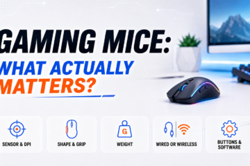 Gaming mouse image explaining what matters when choosing a gaming mouse, including sensor and DPI, shape and grip, weight, wired or wireless connection, and buttons and software.